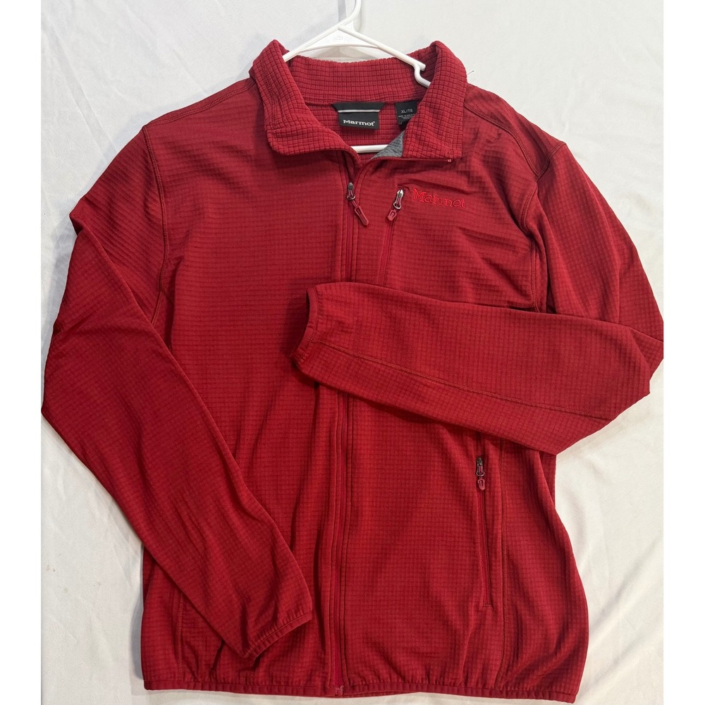 Marmot Mens XL Red Grid Fleece Full Zip Jacket Mock Neck Outdoor Midlayer